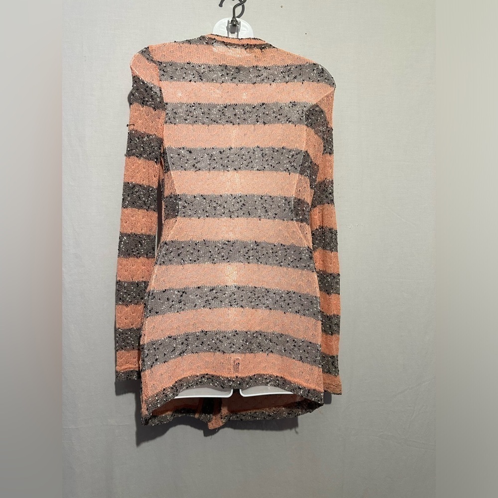 Cecico Peach Gray Striped Cardigan Sweater Size Small Cozy Knit - Picture 3 of 5